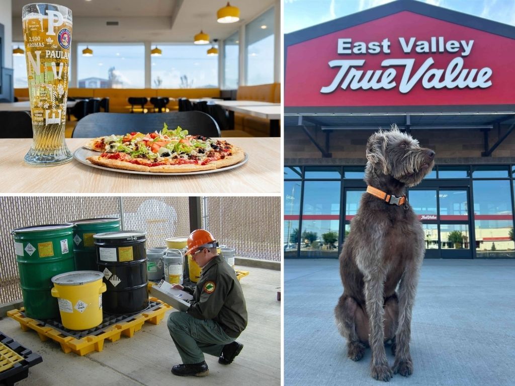 a dog in front of a hardware store, man with a hardhat working, and a pizza and beverage in a restaurant