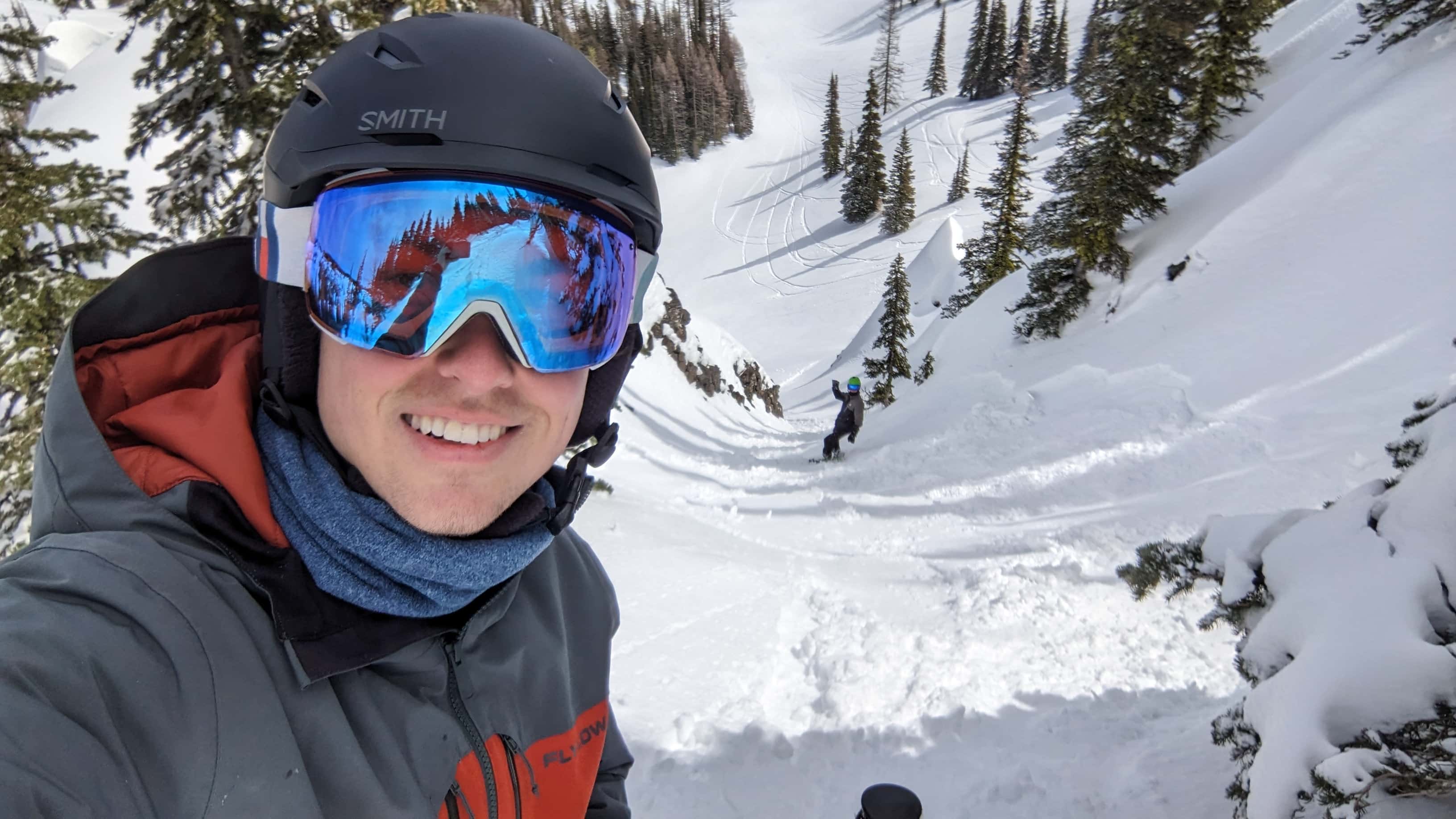 Basil hiking through snow in the mountains