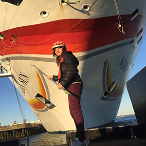 Karen in front of a cruise ship