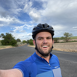 Travis with a helmet on