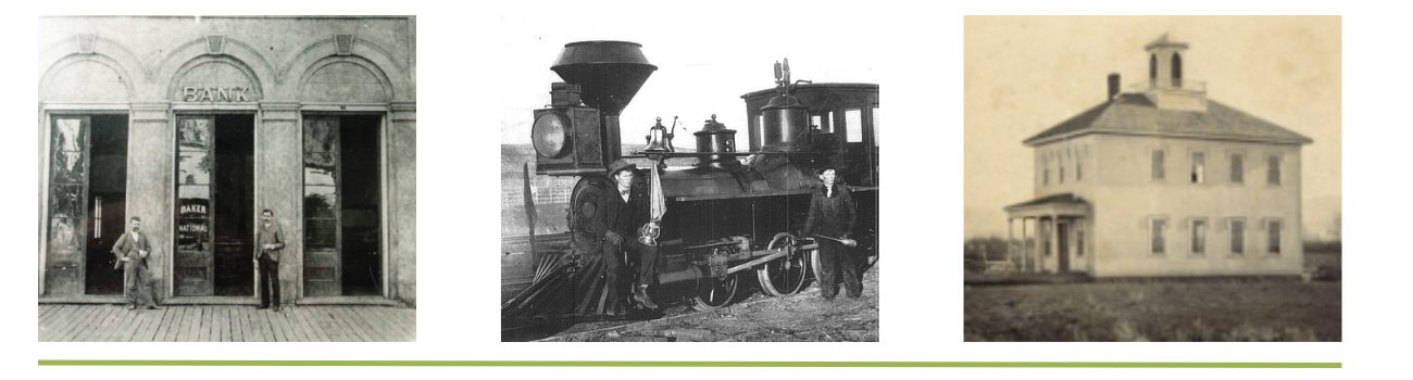 photo collage of historical images: 1. Two men outside Bank building circa late 1800s 2. First train engine in Walla Walla 3. Seminary building where Whitman College resides