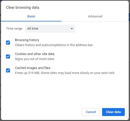 Clear browsing data box