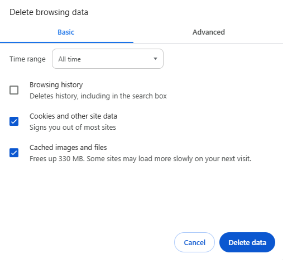 Clear browsing data box