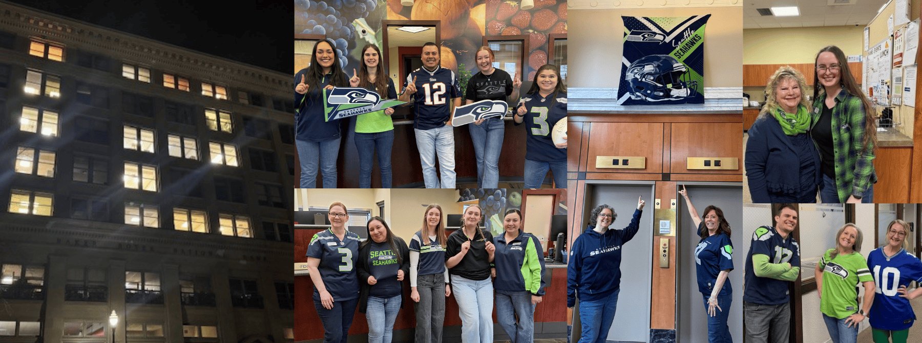 Photo collage of employees celebrating the Seahawks